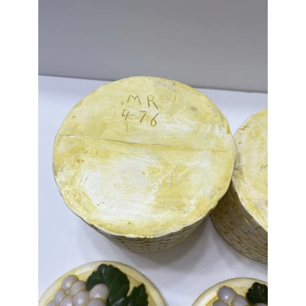 Vintage Ceramic Canister Set Of 2 Yellow Basket Weave Fruit With Lids 1970s